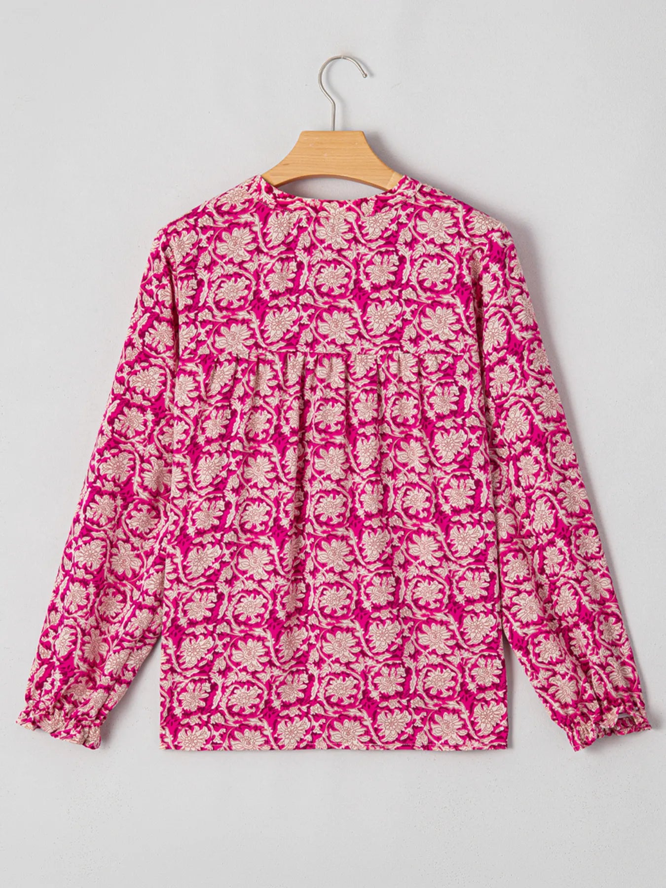 Floral Print Split Neck Pleated Long Sleeve Blouse OutfitFlow