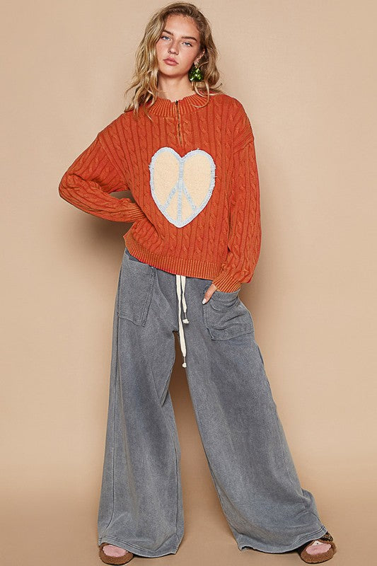 Outfit Flow - POL Cable-Knit Peace Patch Dropped Shoulder Sweater