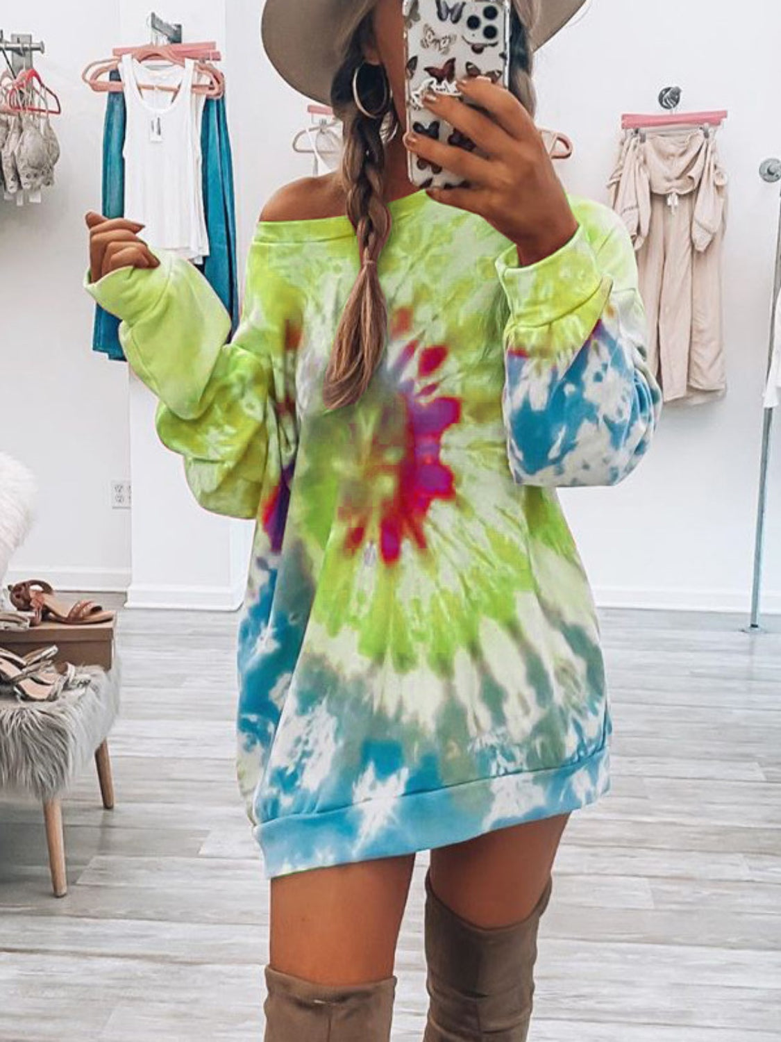 Outfit Flow - Full Size Tie-Dye Round Neck Long Sleeve Dress