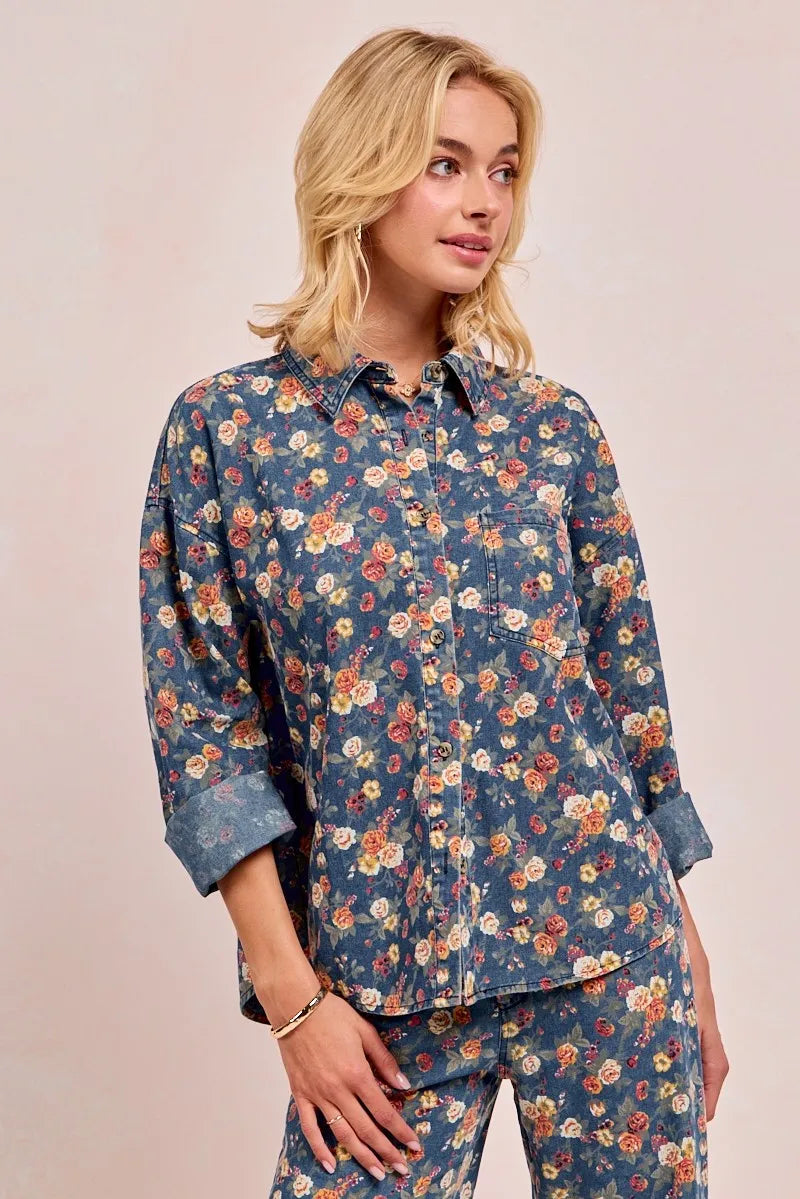 BiBi Washed Floral Print Denim Jacket OutfitFlow