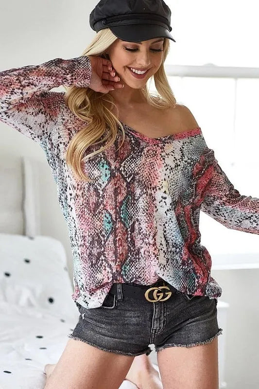 BiBi Snakeskin Print Low Gauge Hacci V Neck Top OutfitFlow