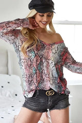 BiBi Snakeskin Print Low Gauge Hacci V Neck Top OutfitFlow