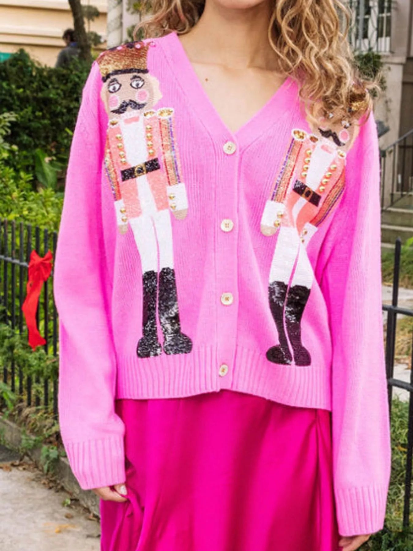 Nutcracker Ribbed Hem V-Neck Cardigan Trendsi