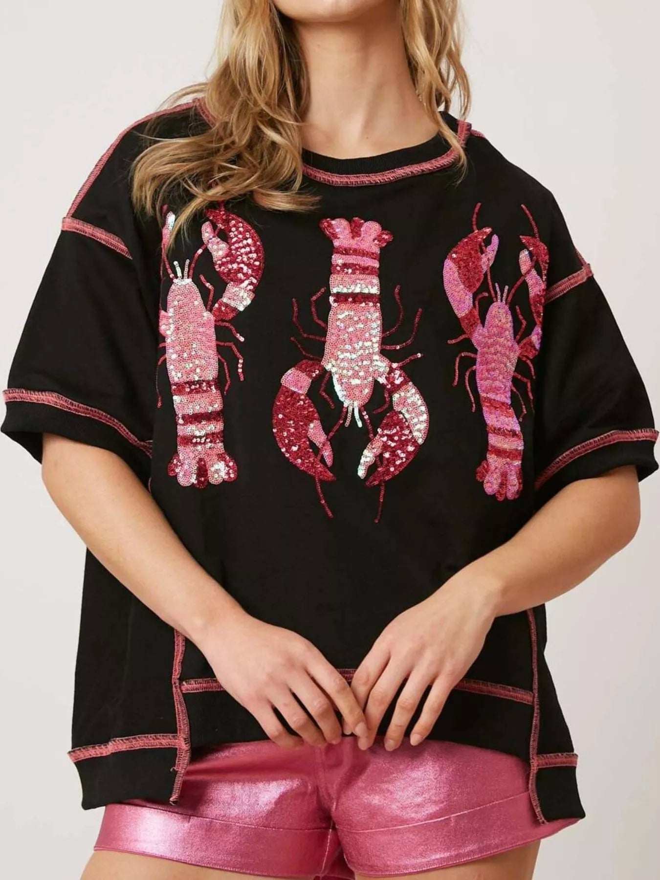 Sequin Lobster Half Sleeve T-Shirt Black OutfitFlow