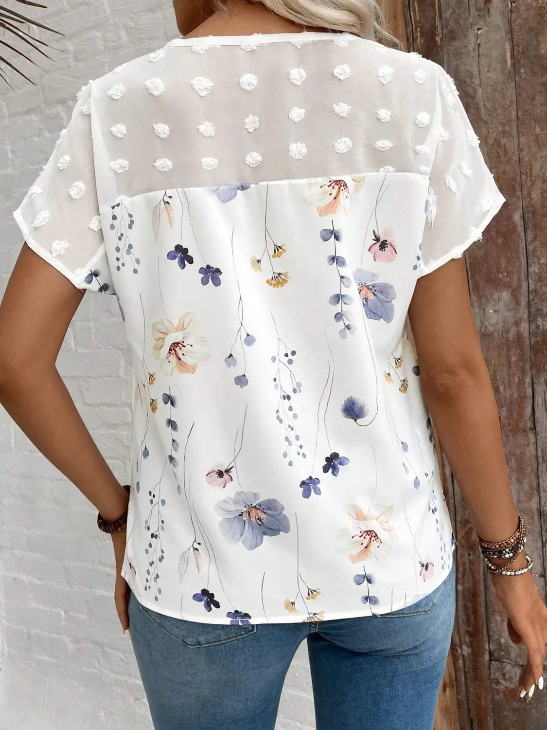 Floral Print V-Neck Flutter Sleeve Casual Top OutfitFlow