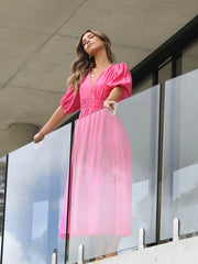 Surplice Half Puff Sleeve Midi Dress OutfitFlow