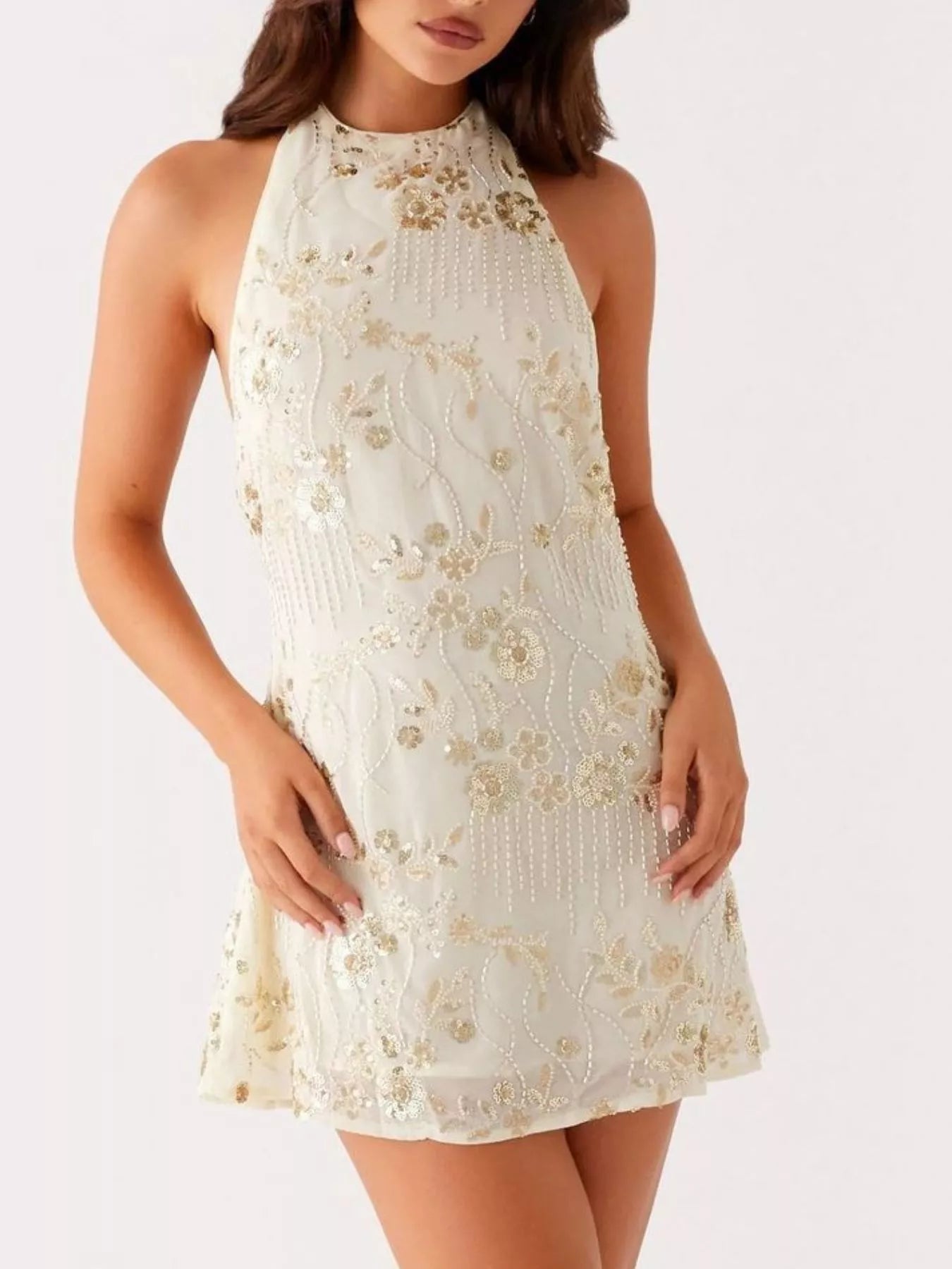 Backless Embroidered Halter Neck Mini Dress OutfitFlow