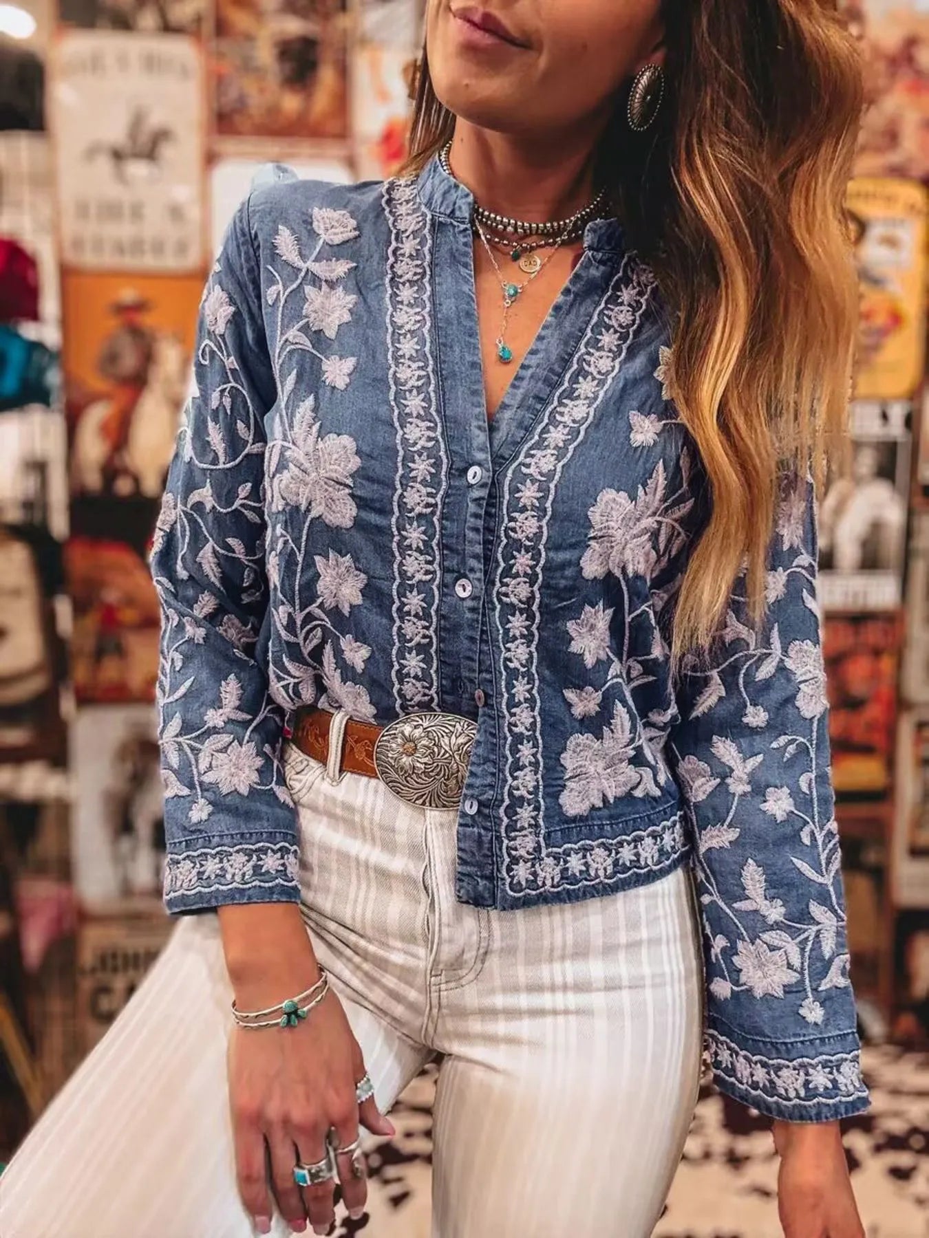 Floral Embroidered Button Up Denim Shirt Medium OutfitFlow