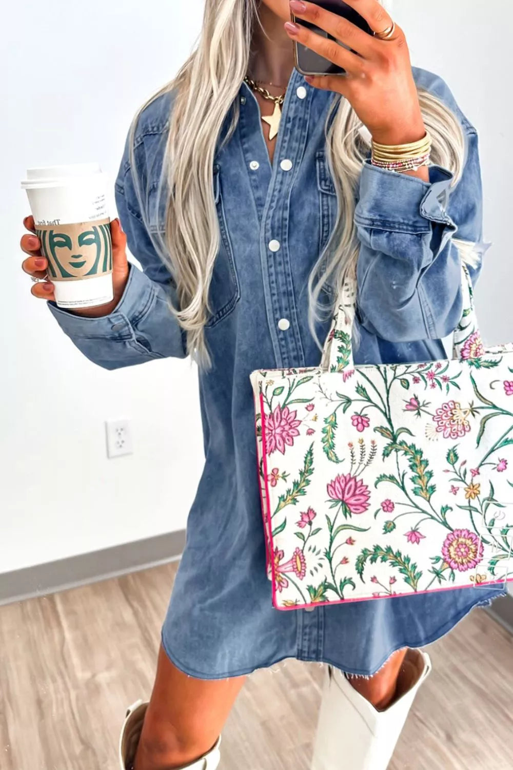 Vintage Wash Button-Down Denim Dress OutfitFlow
