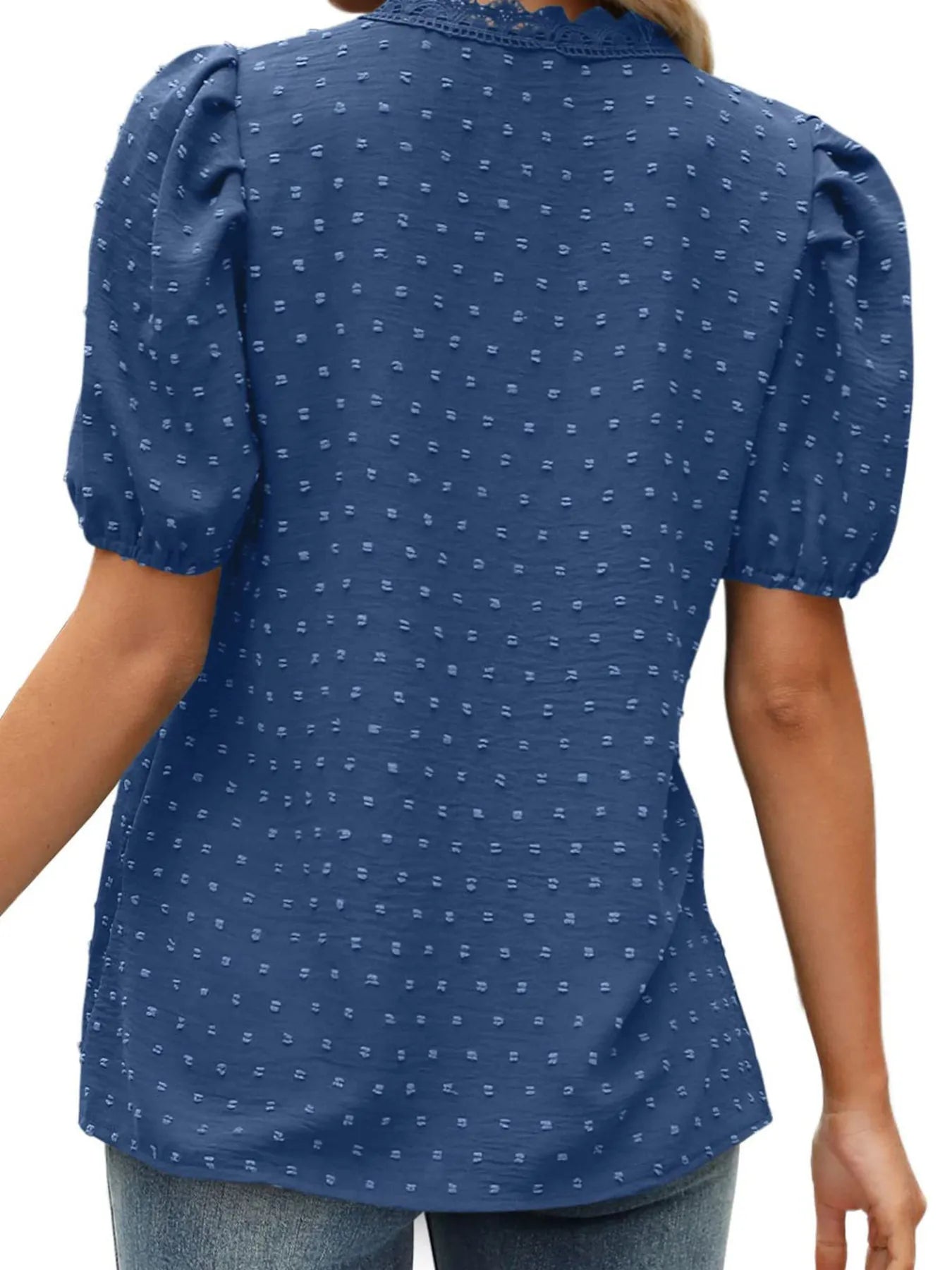 Puff Sleeve Swiss Dot Lace Trim Blouse OutfitFlow