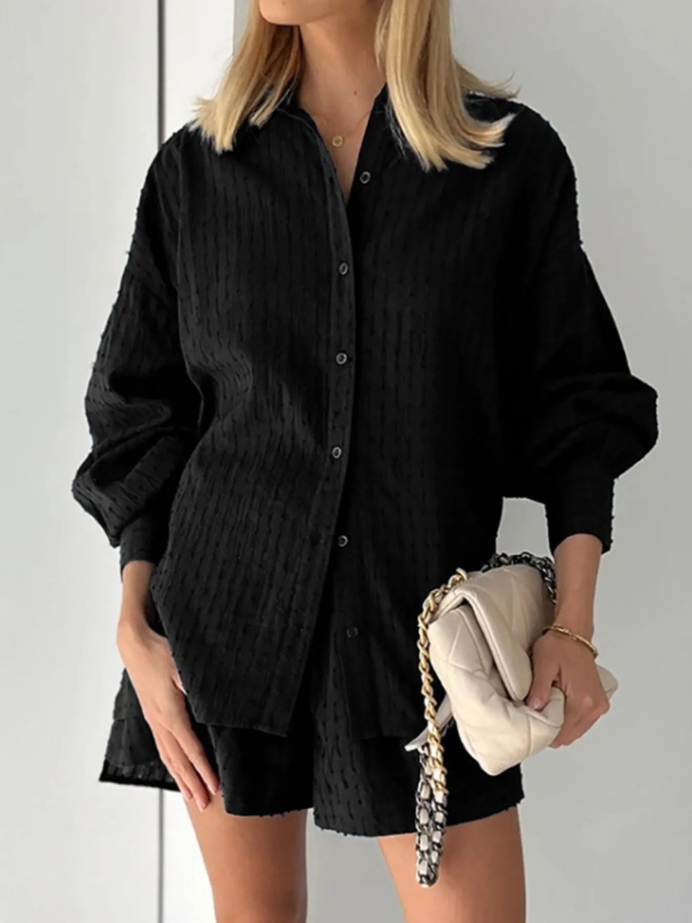 Textured Button-Up Shirt and Shorts Set Black OutfitFlow