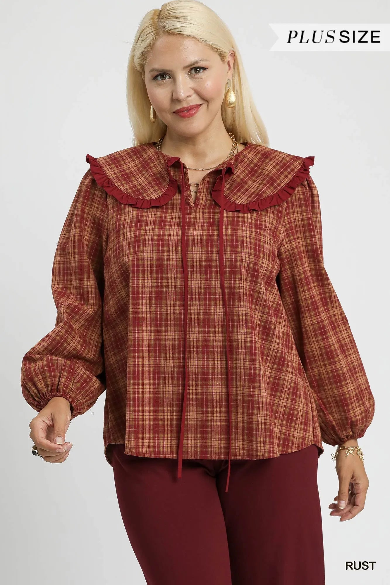 Umgee Full Size Plaid Ruffle Collar Blouse Plus Size Trendsi