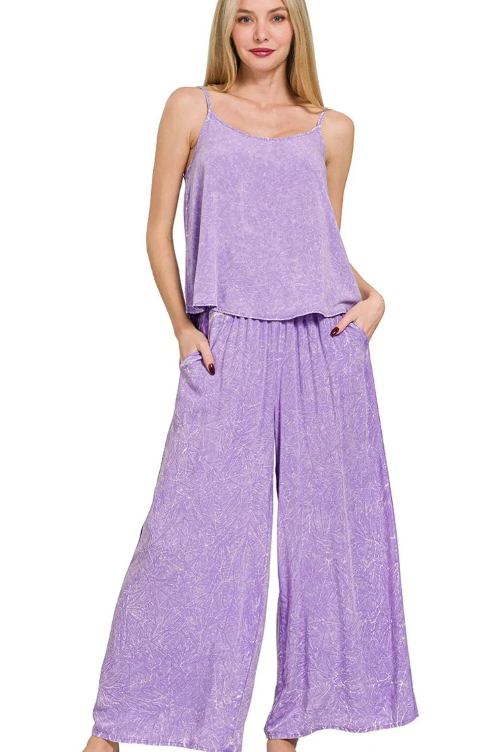 Zenana Woven Acid Crinkle Washed Cami & Pants 2 Piece Set LAVENDER OutfitFlow
