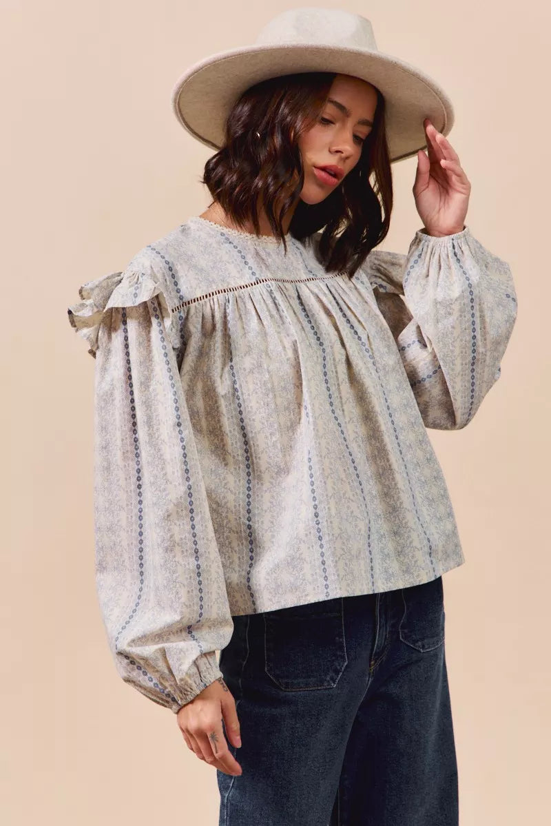 SO ME Floral Cotton Print Ruffled Long Sleeve Blouse OutfitFlow