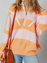 Stripe Color Block Half Zip Oversize Sweater OutfitFlow