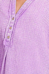 Zenana Washed Double Gauze 3/4 Button Henley Neck Shirt OutfitFlow