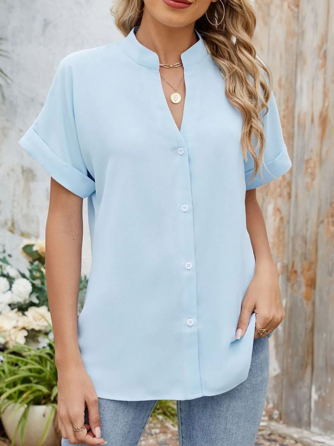 Notched Short Sleeve Blouse OutfitFlow