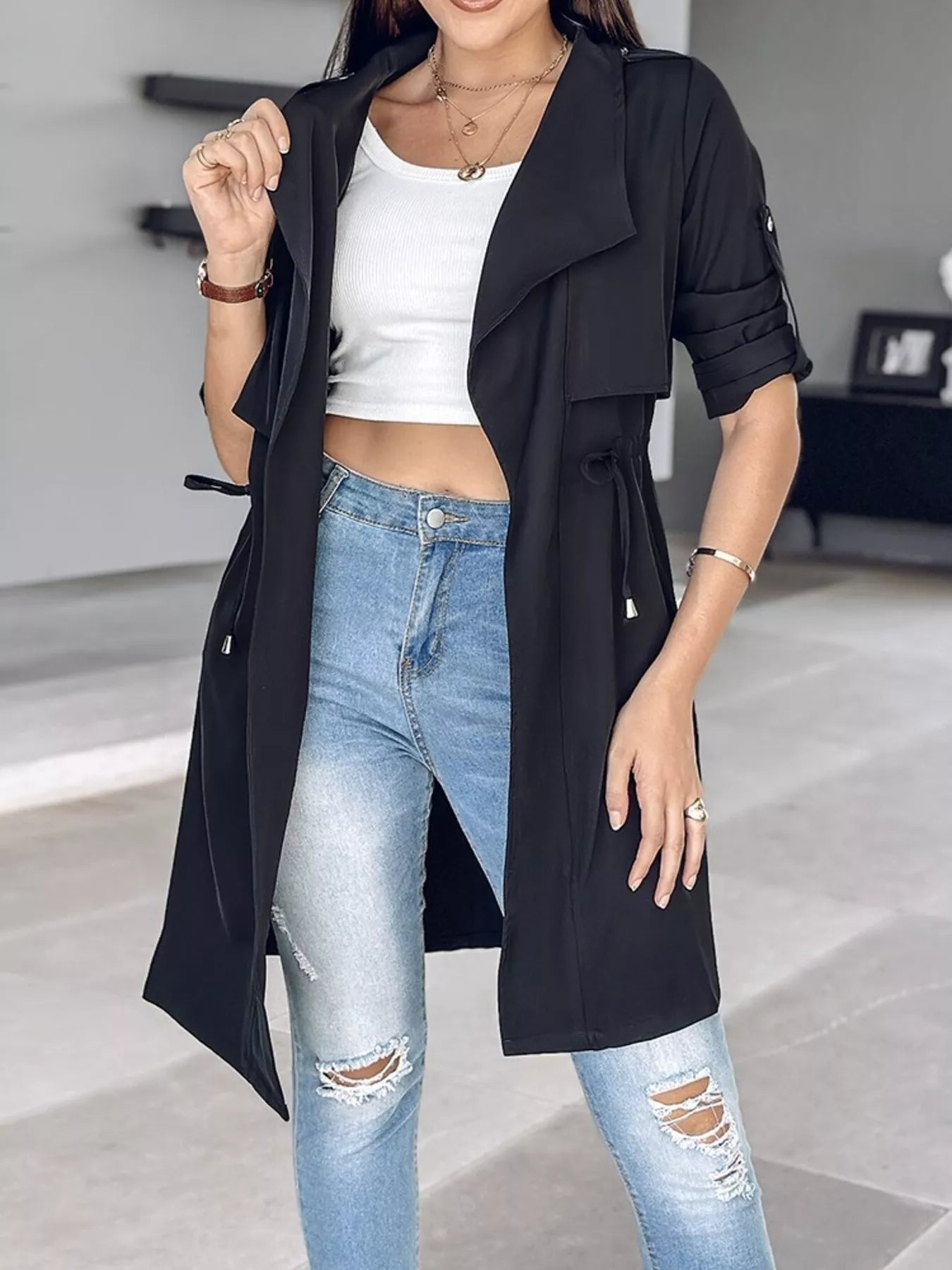 Drape Collar Lightweight Trench Coat OutfitFlow