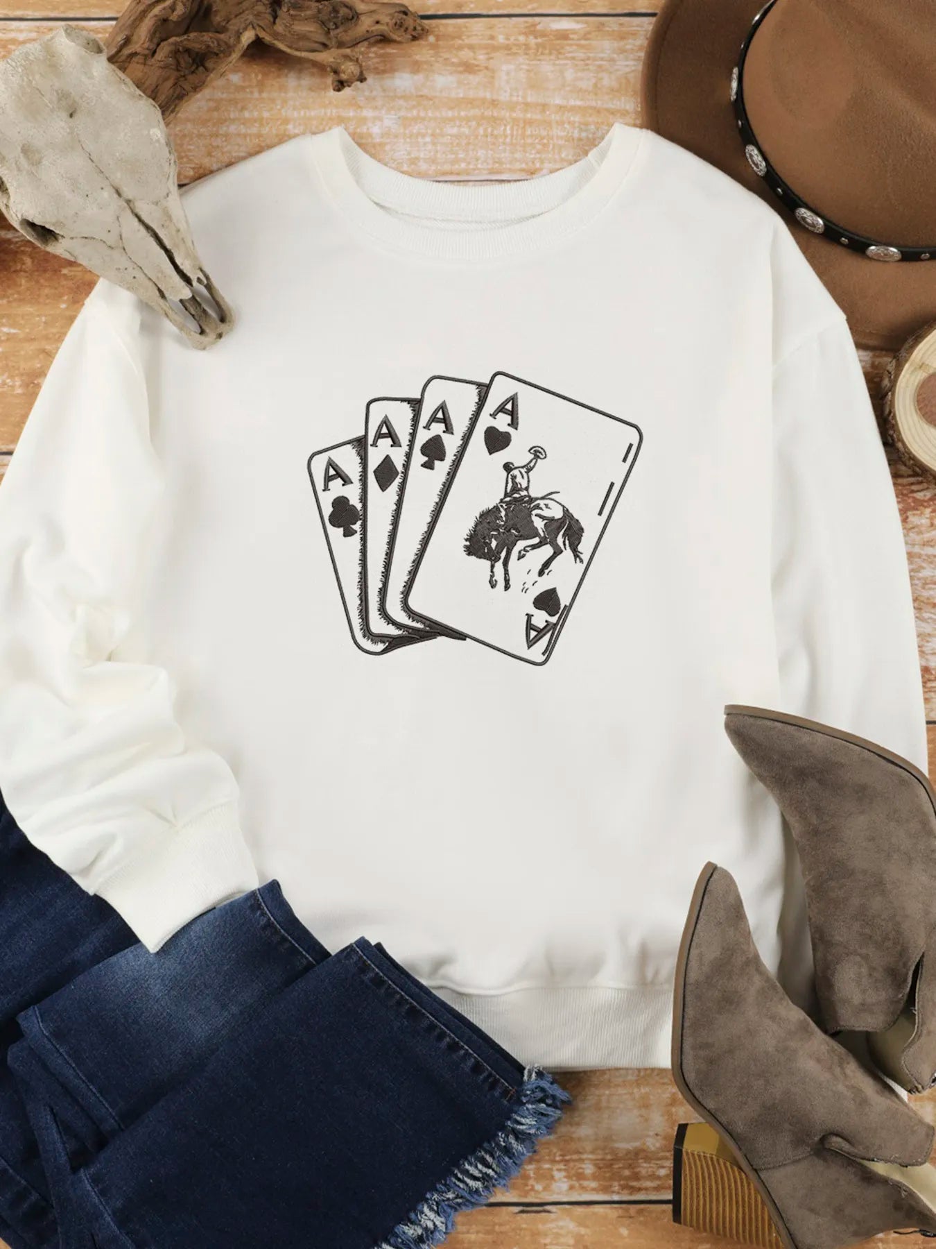 Ace Card Cowboy Graphic Long Sleeve Sweatshirt OutfitFlow