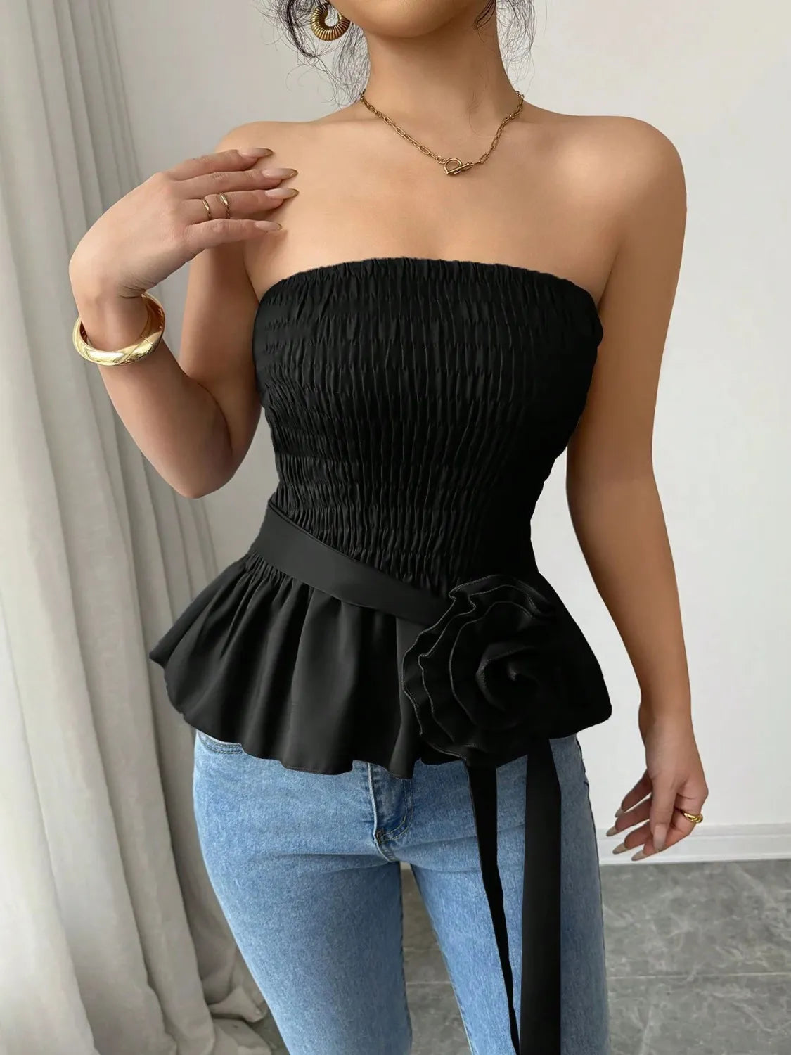 Flower Smocked Tube Top Black OutfitFlow