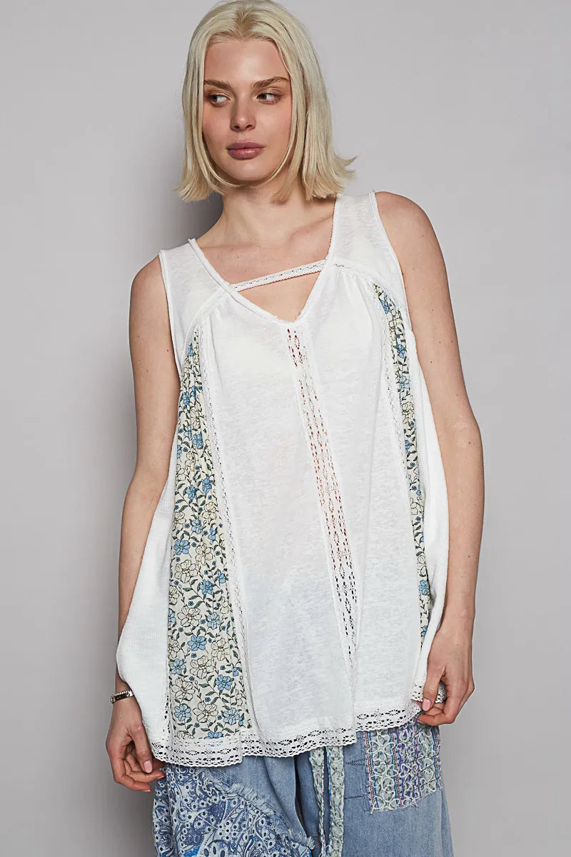 POL V Neck Sleeveless Tank Top with Lace Detail OutfitFlow