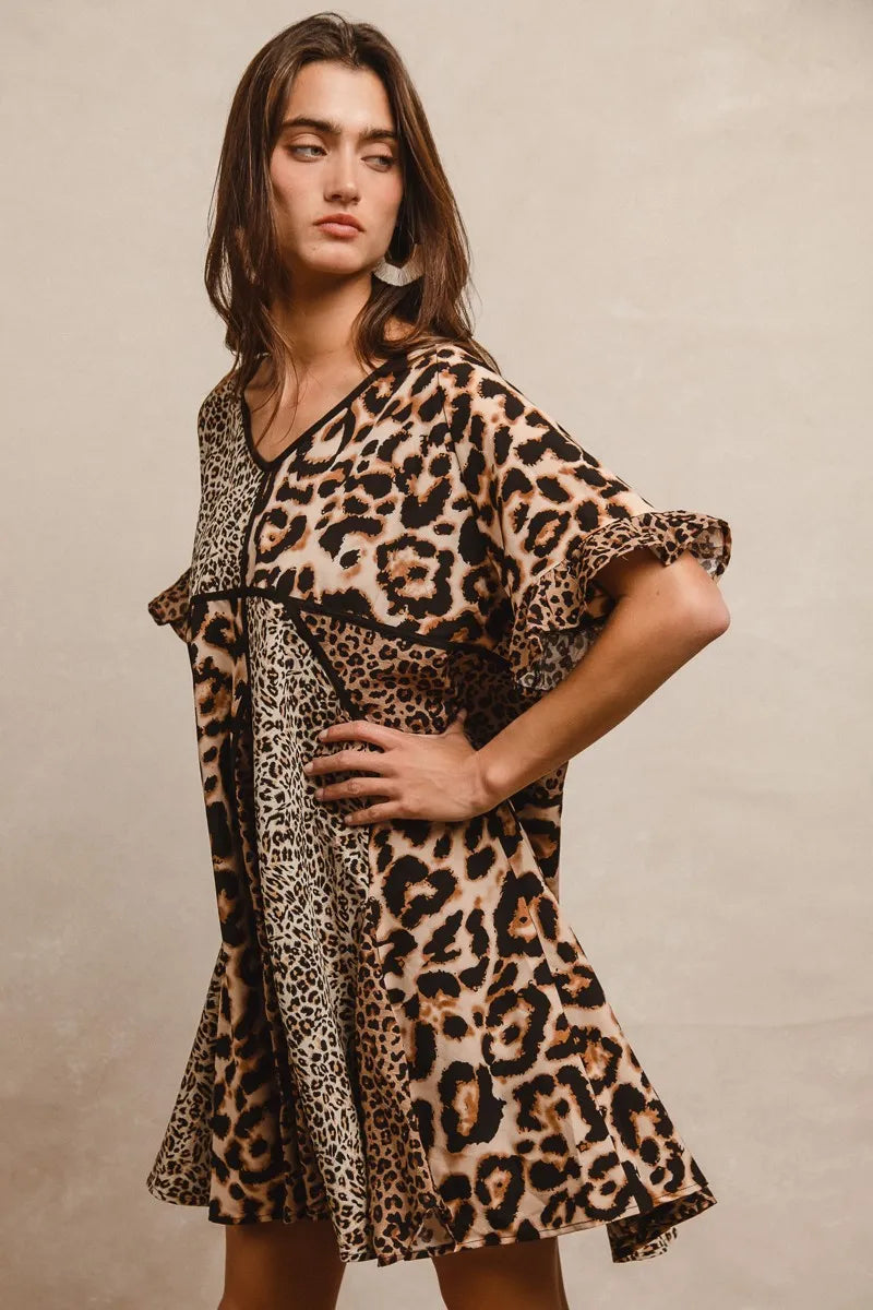 BiBi Leopard Prints Mix and Match Short Sleeves Dress OutfitFlow
