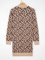 Leopard Print High Neck Shift Mini Sweater Dress OutfitFlow