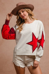 BiBi Star Patch And Spliced Hemline French Terry Long Sleeve Sweatshirt OutfitFlow
