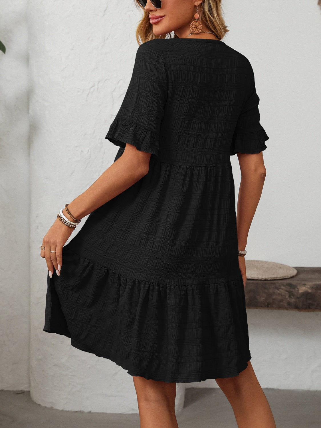 Outfit Flow - Mandy Ruffled Ruched Round Neck Half Sleeve Dress