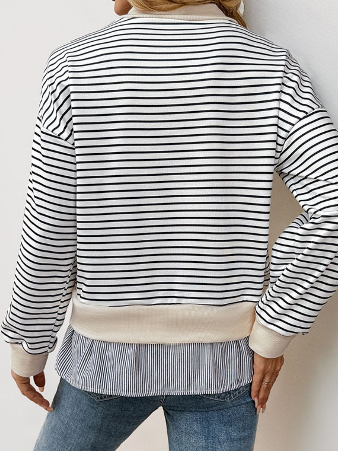 Outfit Flow - Perfee Faux Layered Striped Long Sleeve Sweatshirt