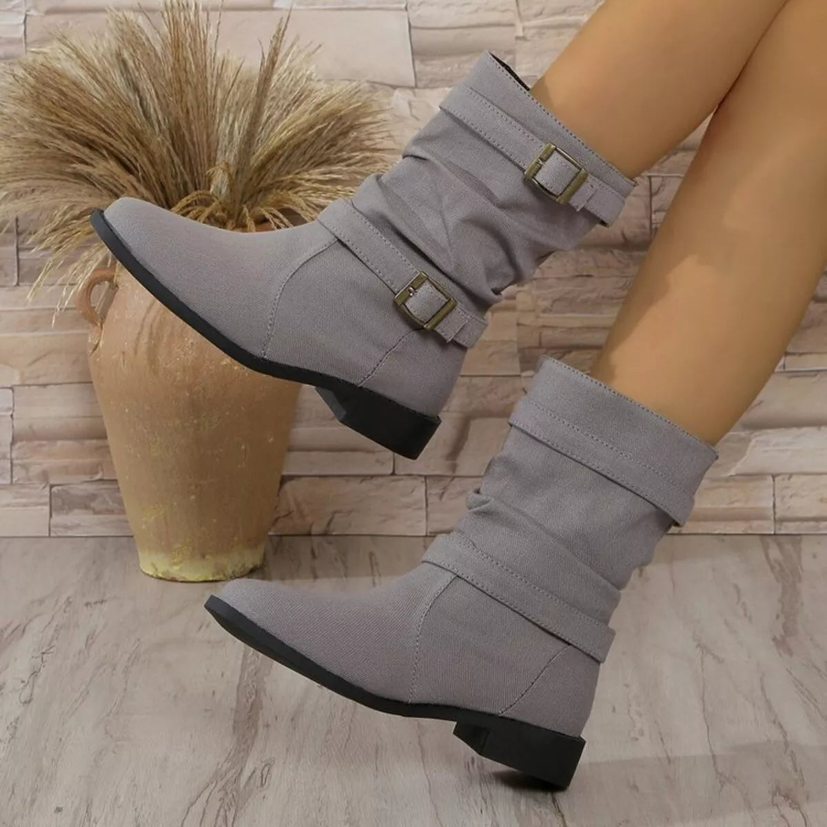 Buckle Accent Block Heel Boots Trendsi
