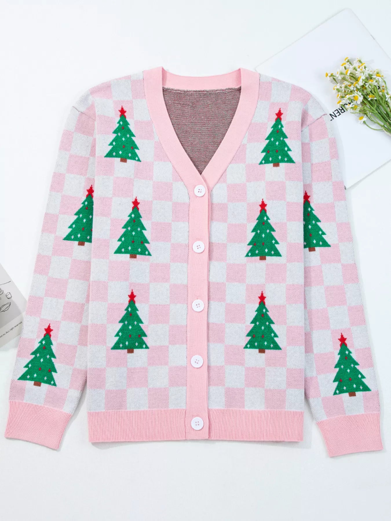 Christmas Tree Pattern Checkered Button V Neck Cardigan OutfitFlow