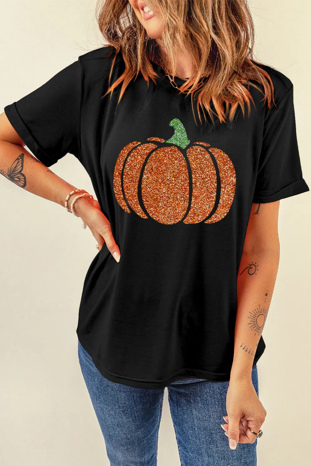 Glitter Pumpkin Round Neck Short Sleeve T-Shirt Black OutfitFlow