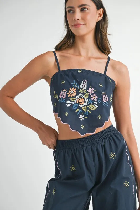 MABLE Linen Embroidered Scarf Top and Pants Set OutfitFlow