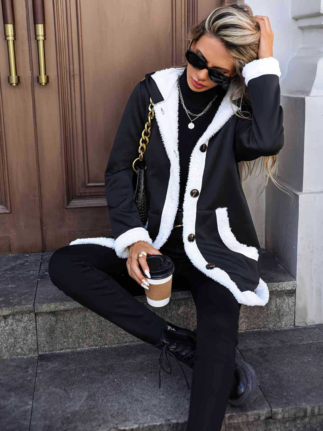 Outfit Flow - Contrast Button Up Hooded Coat