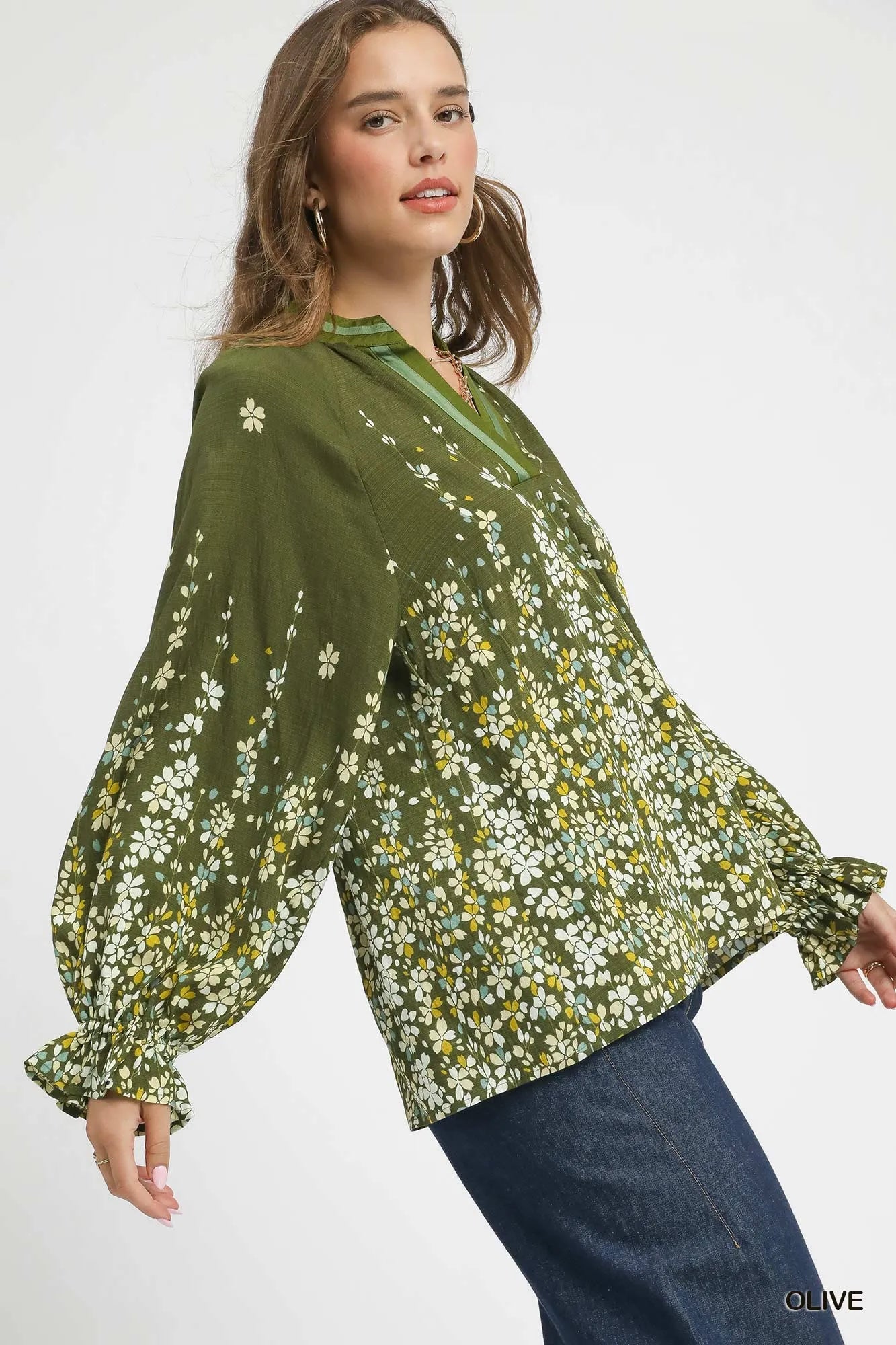 Umgee Floral Vine Print Blouse with Balloon Sleeves Trendsi