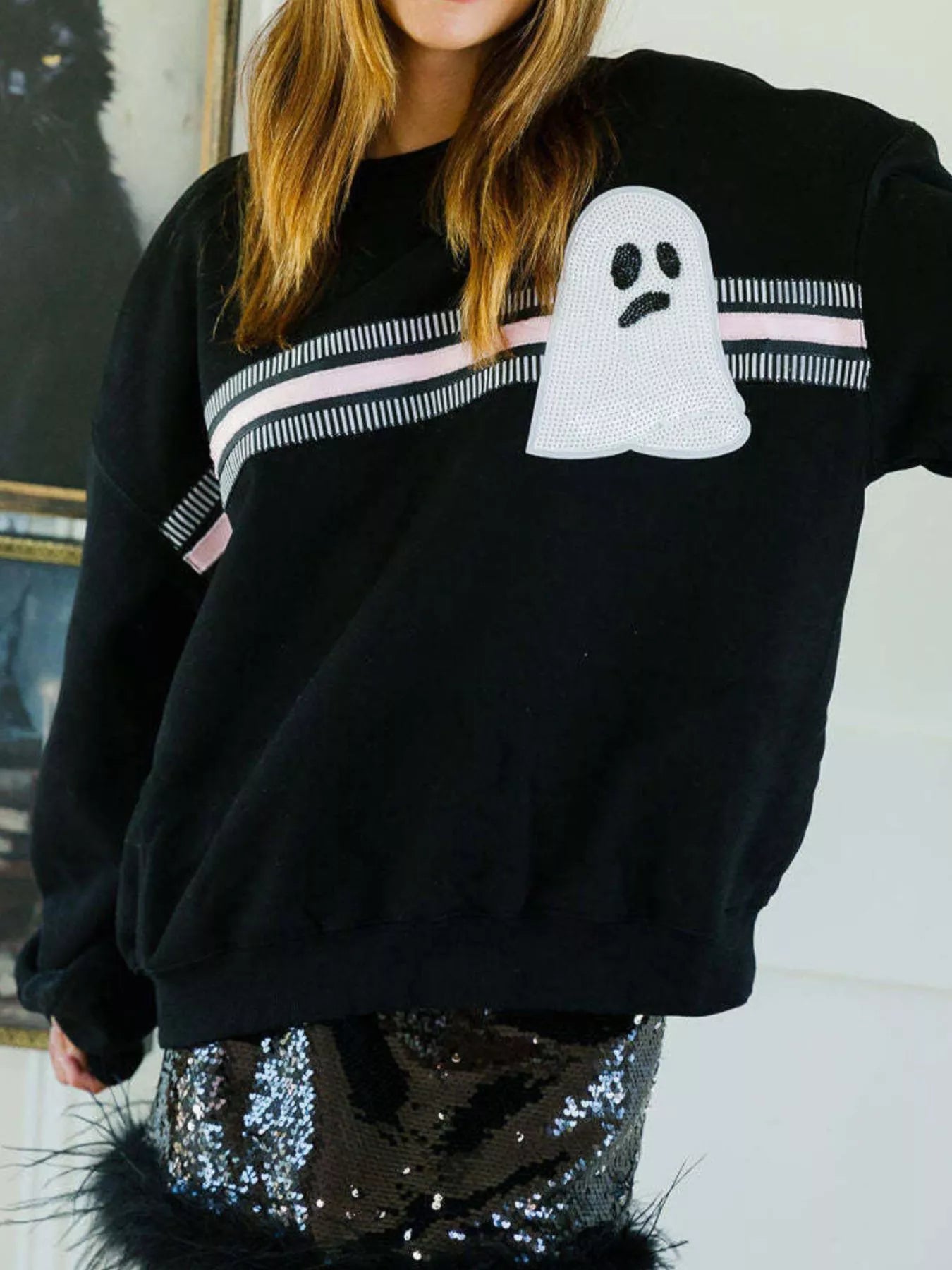 Halloween Sequin Round Neck Sweatshirt OutfitFlow