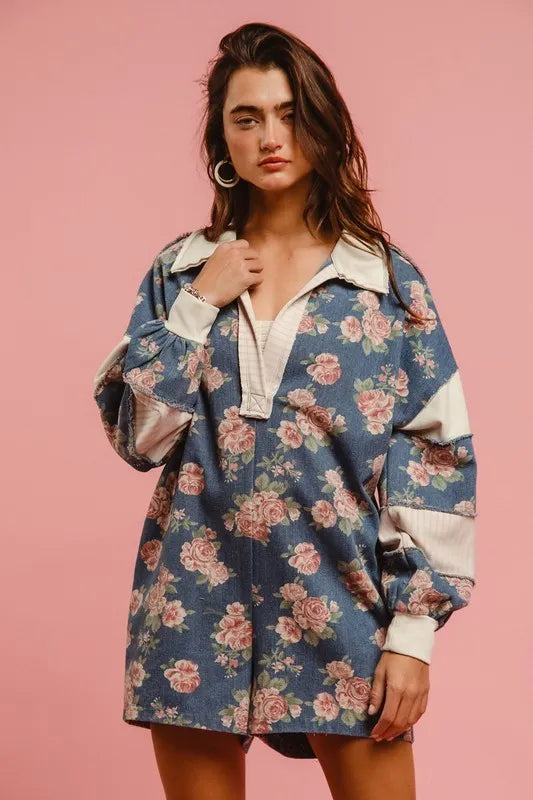 BiBi Washed Floral Denim Romper With Contrast Collar OutfitFlow