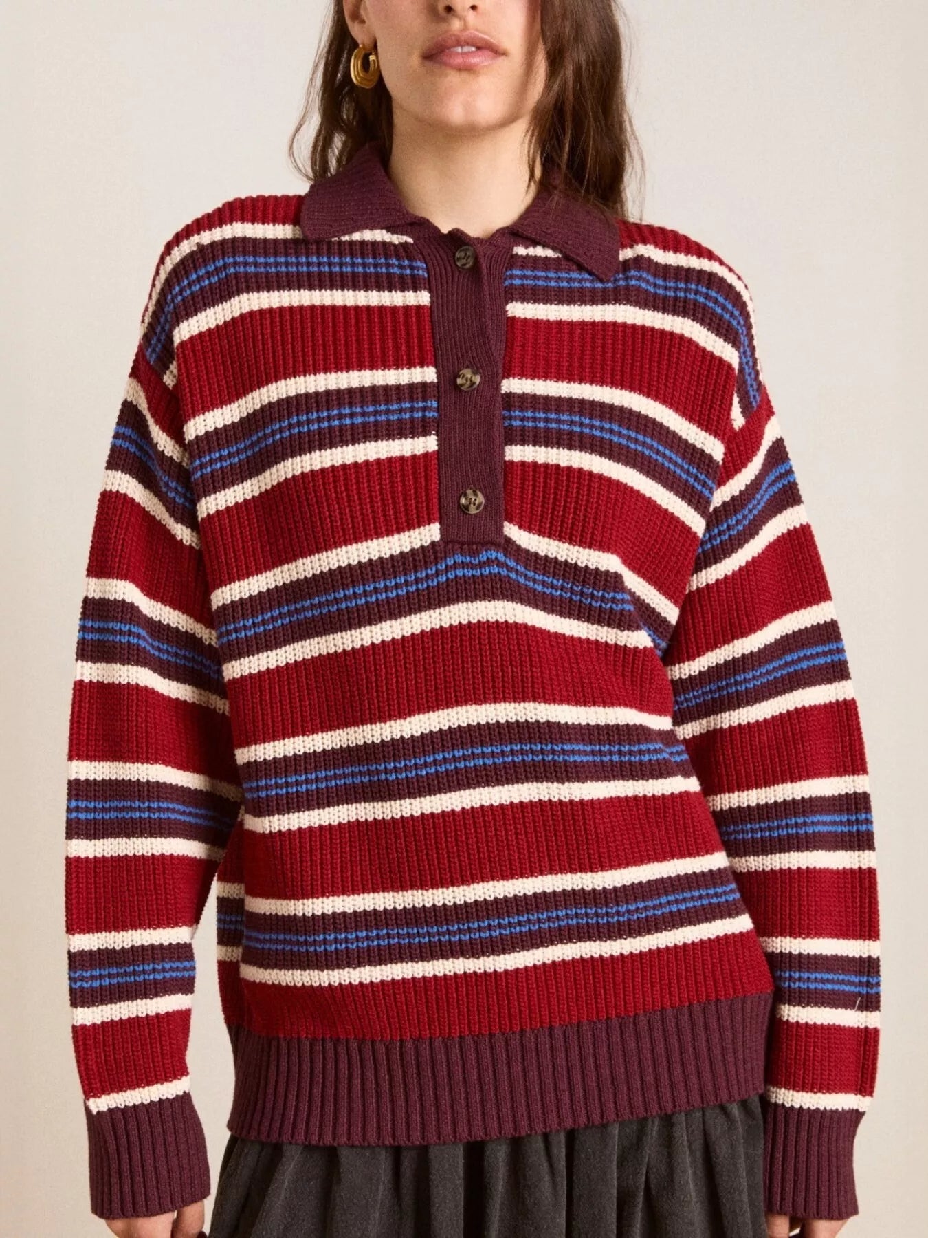 Striped Button Detail Polo Collar Sweater Red OutfitFlow