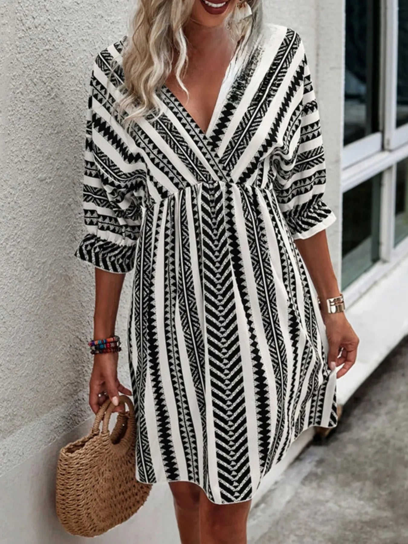 Geometric Print V-Neck Mini Dress OutfitFlow