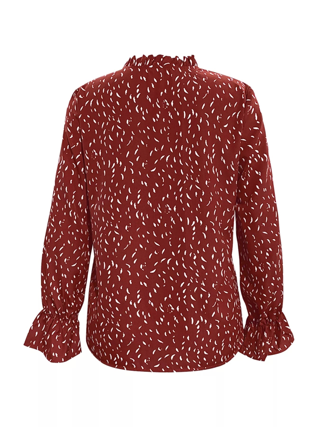 Ruffled Printed Tie Neck Long Sleeve Blouse OutfitFlow
