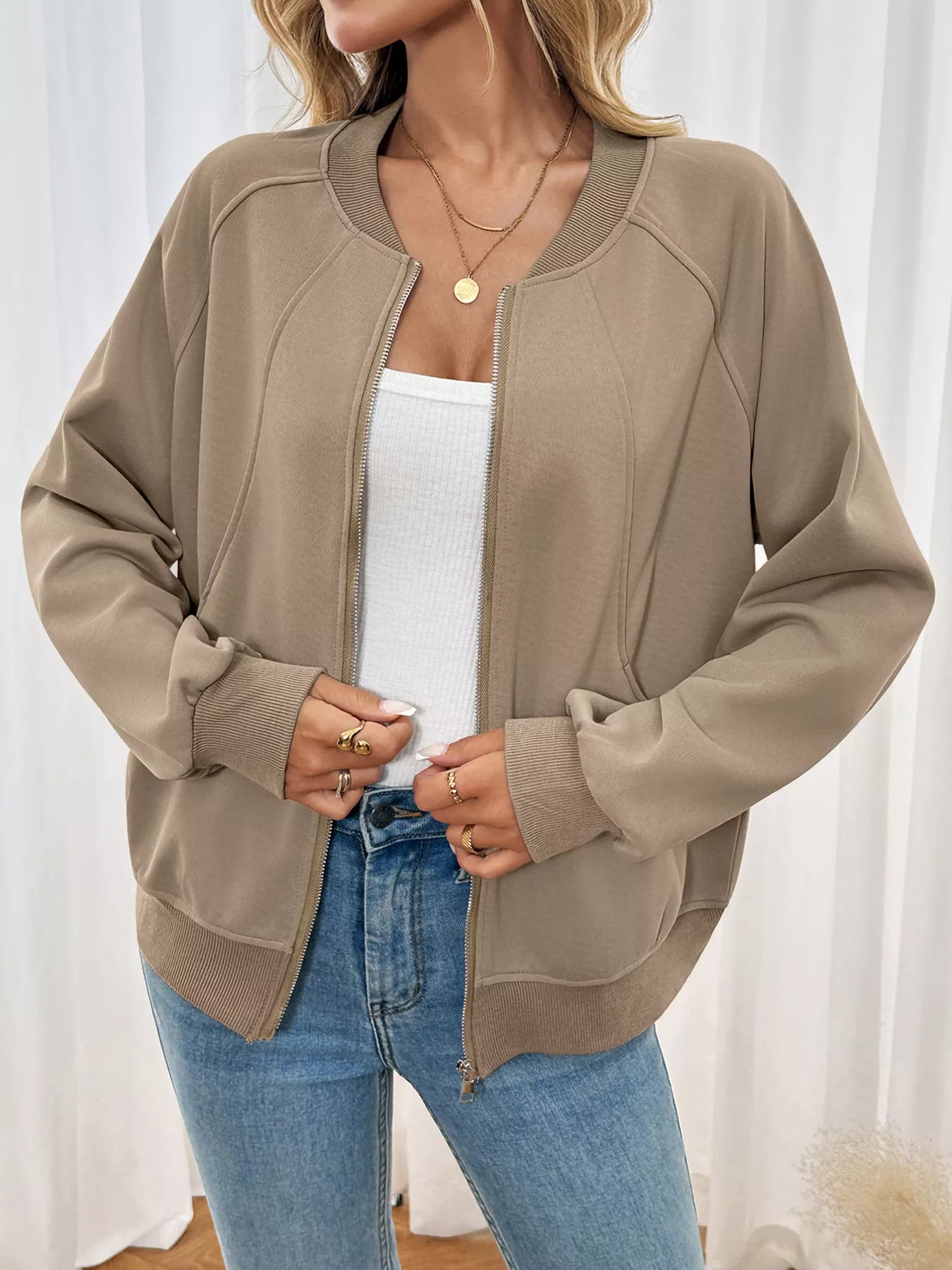 Zip Up Raglan Sleeve Jacket Khaki Trendsi