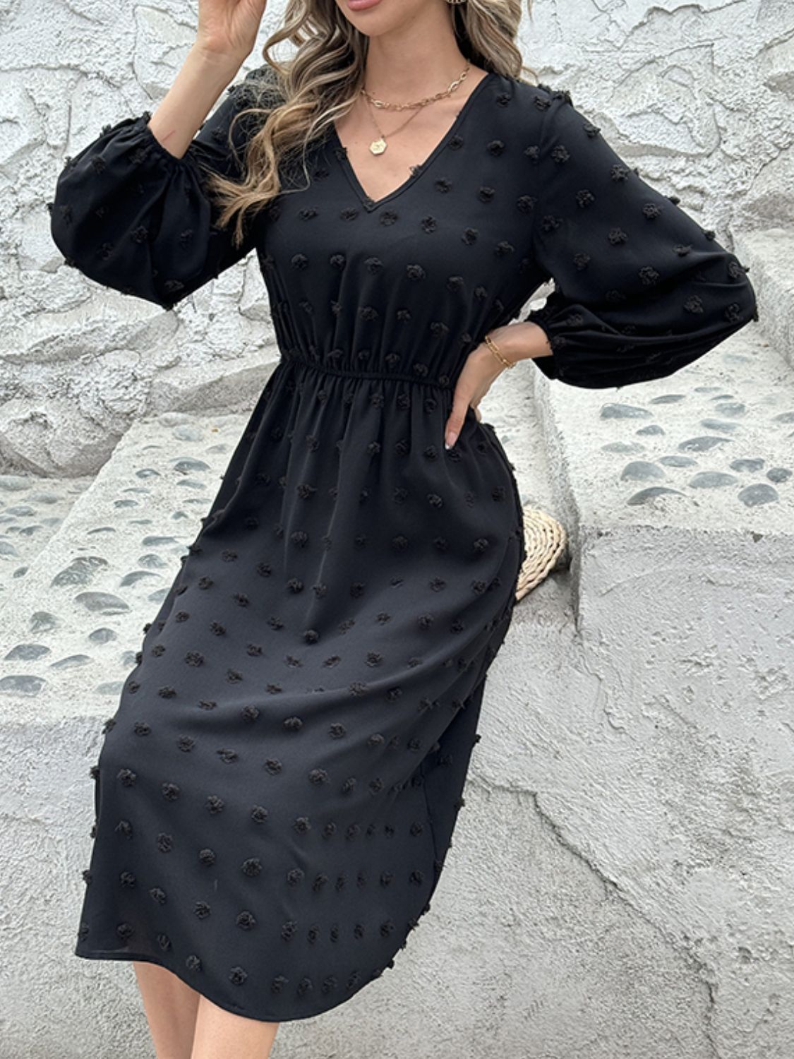 Outfit Flow - Full Size Swiss Dot V-Neck Long Sleeve Midi Dress