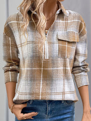 Perfee Plaid Collared Neck Half Zip Long Sleeve Top