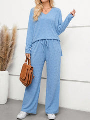 Flower V-Neck Long Sleeve Top and Pants Set