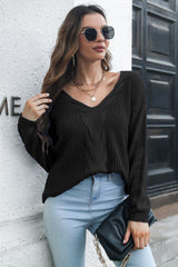 Cable-Knit V-Neck Sweater Black OutfitFlow