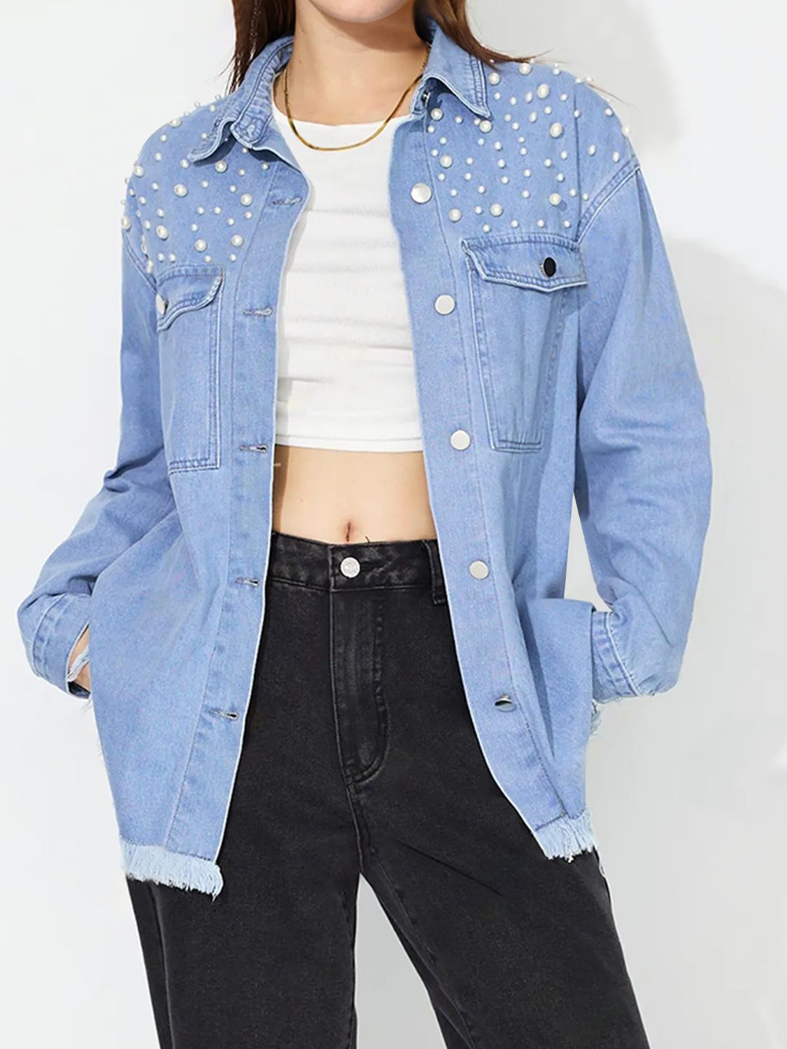 Raw Hem Pearl Trim Collared Neck Denim Top Light OutfitFlow