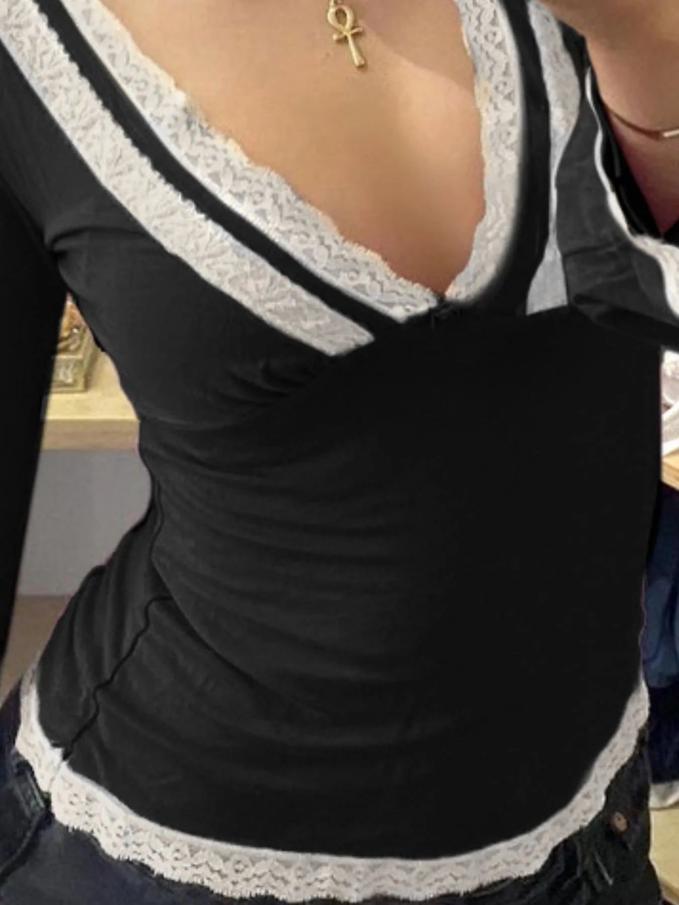 Lace Trim V-Neck Long Sleeve Top OutfitFlow