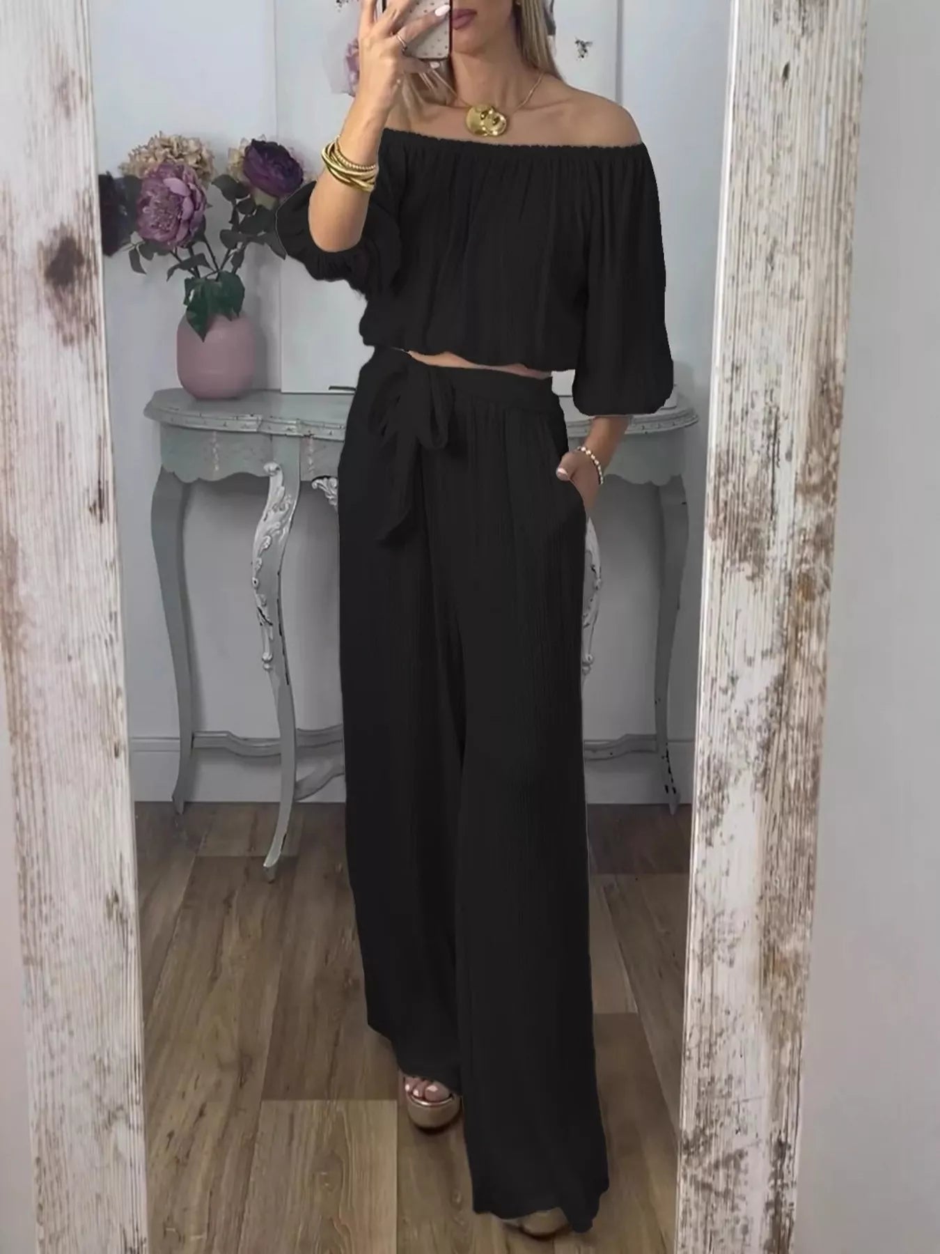 Full Size Off-Shoulder Top and Pants Set Plus Size Black OutfitFlow