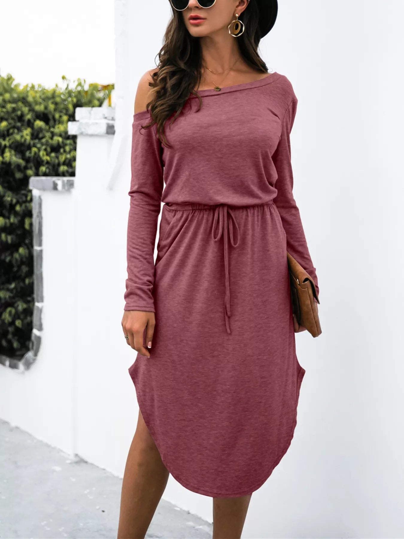 One-Shoulder Long Sleeve Midi Dress with Drawstring Waist Deep Purple OutfitFlow